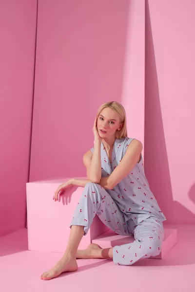 Kersen patroon gebreide Front Button Zero mouw dames pyjama set