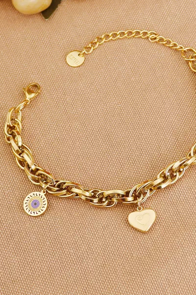 سوار من الفولاذ المقاوم للصدأ L مزين بسلسلة حلقية متشابكة على شكل قلب وعين الحسد، مقاوم للسواد والتغير، مقاس +5 سم