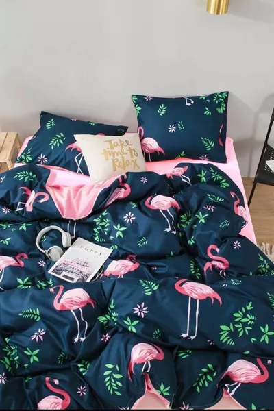 Single Fitted Sheet Reversible Duvet Cover Set Flamingo
