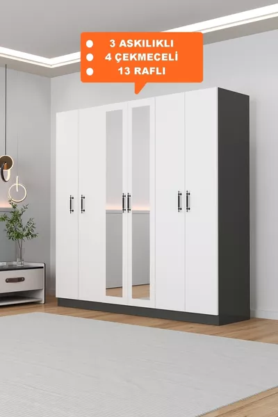  Kale Aynalı Antrasit/Beyaz, 6 Kapaklı Gardırop,  Raflı, 3 Askılıklı  Cm Dolap