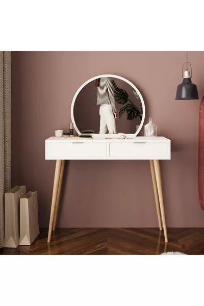 طاولة مكياج لوسي – بيضاء | مرآة، منظم للمجوهرات، تصميم أنيق