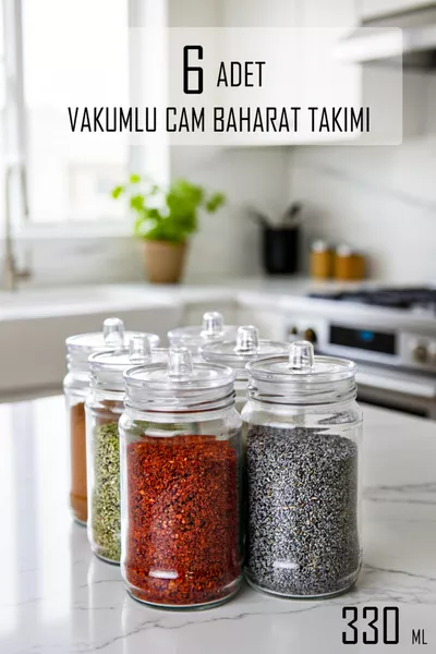 6-teiliges Glas-Gewürzset mit Griffen und Vakuumdeckeln