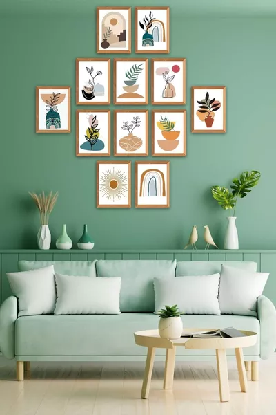 -delige set artistieke schilderijen met houten lijstlook