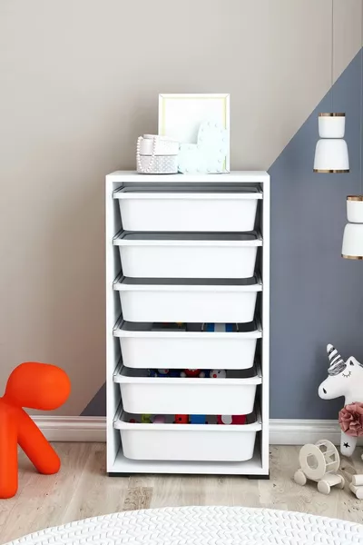 خزانة متعددة الأغراض بستة سلال، خزانة مطبخ، خزانة ألعاب للأطفال، منظم ألعاب