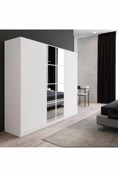 6-türiger Kleiderschrank mit Schubladen und Spiegel Weiß