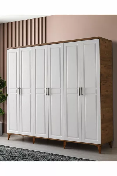 Ücretsiz Montaj Komple Mdf Sport 6 Kapaklı Atlantik Çam-beyaz Gardırop Elbise Dolabı