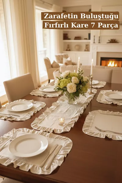 Chemin de table en lin à volants et ensemble de 6 sets de dessous de plat carrés à volants - Ensemble de trousseau de 7 pièces