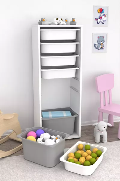 Zola 7 Körbchen Schrank Spielzeugschrank Multifunktionaler Küchen-, Bad- und Vorratsschrank Grau Weiß