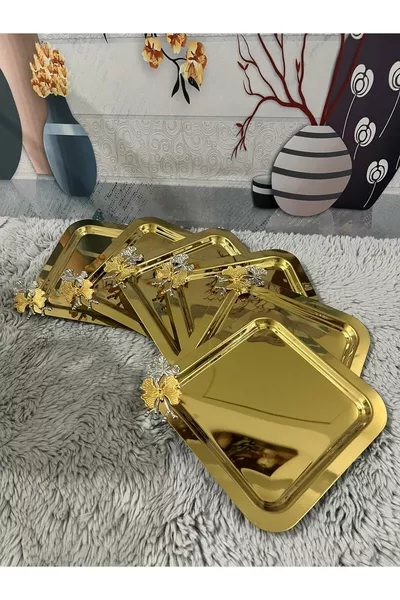 صينية تقديم مربعة بطبقة تيتانيوم ذهبية وجه واحد مع فراشة، 6 قطع
