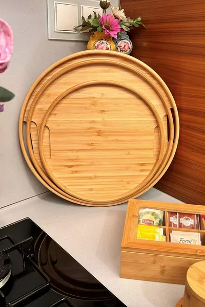 Набор из 3 круглых бамбуковых подносов, диаметром  см,  см и  см, с ручками