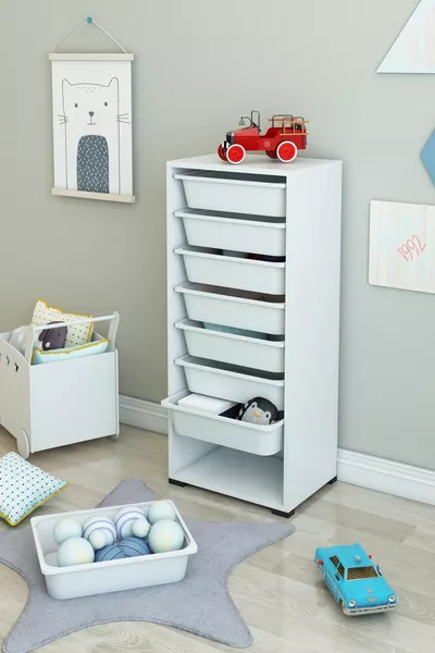 خزانة متعددة الأغراض بيضاء بثمانية سلال، خزانة مطبخ، خزانة ألعاب للأطفال، منظّم ألعاب