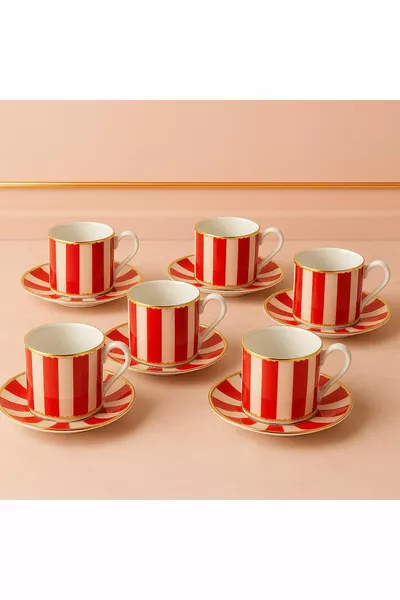 Комплект за кафе с 6 чаши от порцелан с позлата Lovely Birds, специален дизайн с розови птици,  мл