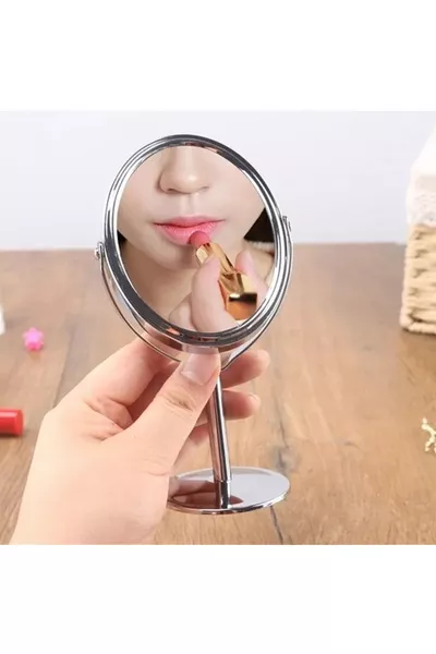 Mini Size Chrome Plated Table Mirror with 2x Magnifying Glass, Decorative Makeup Mirror, Double-Sided, Metal Stand