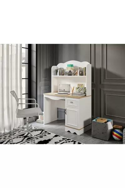 % MDF Lisa бюро с библиотека и компютърна маса, дъб бяло (ВКЛЮЧЕНО ГОРНОТО ПАРЧЕ)