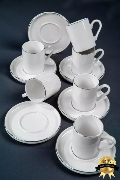 Ensemble de tasses à café en porcelaine Rüya Platine Doré  pièces pour 6 personnes, blanc cassé