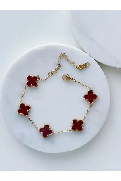 * سوار من الصلب بطراز فينتاج ألهامبرا بلون عنابي مصغّر مع سلسلة ذهبية وخمسة زخارف