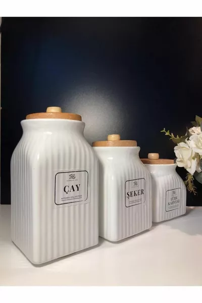 Ensemble de 3 bocaux de rangement pour thé, sucre et café en porcelaine avec couvercle en bambou sous vide, 3 tailles :  ml,  ml,  ml