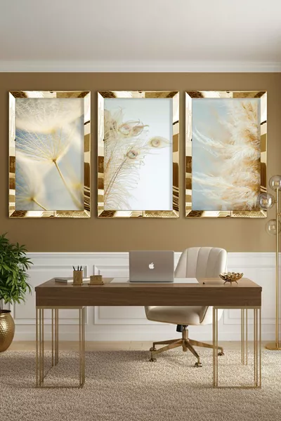 Gouden Plexiglas Spiegel Lijst Collage Tekening Set van Drie MDF Schilderijen