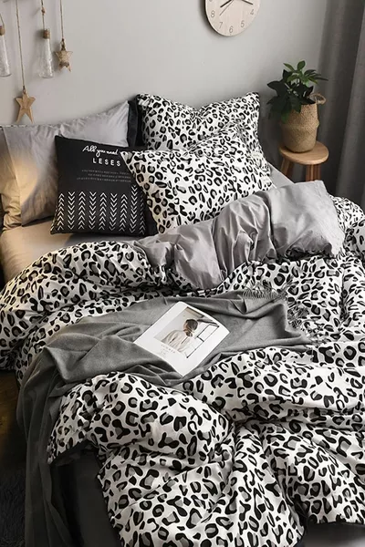 Parure de lit drap-housse pour une personne, motif léopard, pure noir et blanc