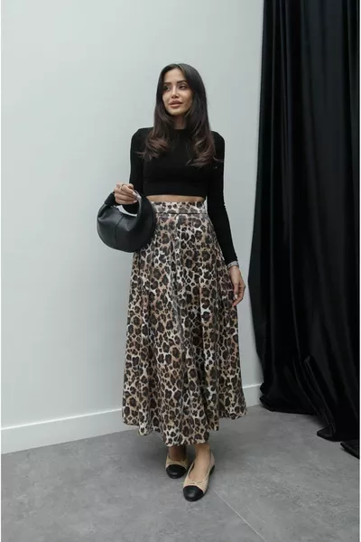 Leopard Print Pleated Detailed Flared Skirt