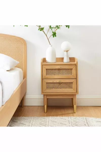 Bombong Solid Wood Wicker Nightstand with Two Drawers