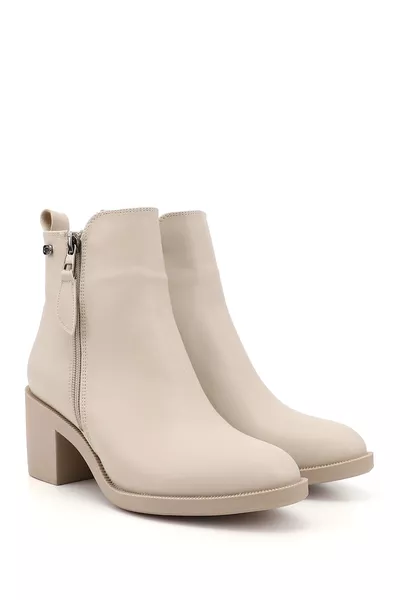 حذاء نسائي / للبنات بلون البيج بكعب سميك وسحاب مزدوج