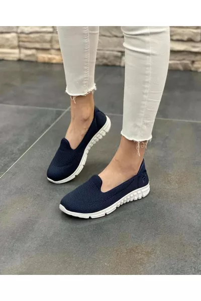 حذاء رياضي يومي نسائي كحلي وأبيض، بدون رباط، مريح وخفيف، بذاكرة