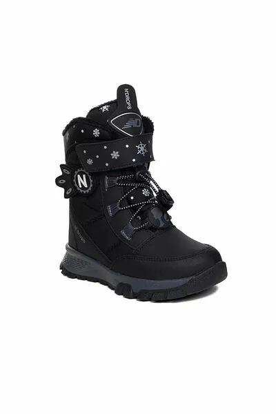 حذاء شتوي للفتيات مقاوم، ضد الماء، تقويمي، مزود بشريط لاصق، باللون الأسود والرمادي