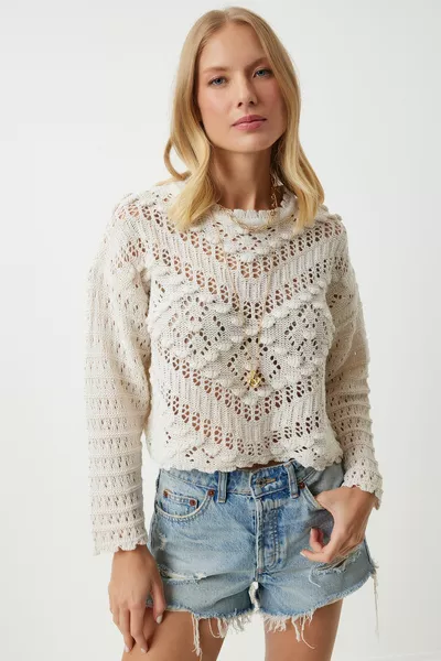 قارب الرقبة الصيف المخرمة سترة متماسكة