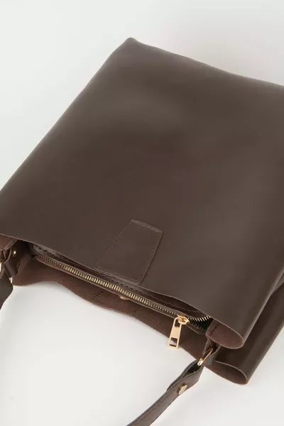 Borsa da donna in pelle morbida effetto caffè amaro con chiusura a zip e bottone a pressione, 3 scomparti, da mano e da spalla