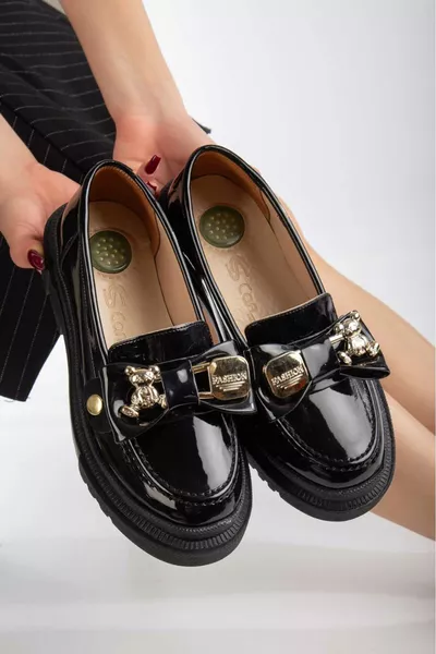 Cansu Shoes Loafer Black Patent Leather Comfortable Shoes with Gold Teddy Bear Buckle Detail