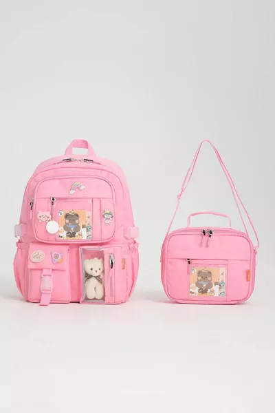 Kawaii Korean Style School Backpack with Accessories for Girls and Lunch Bag Set with Insulated Thermos