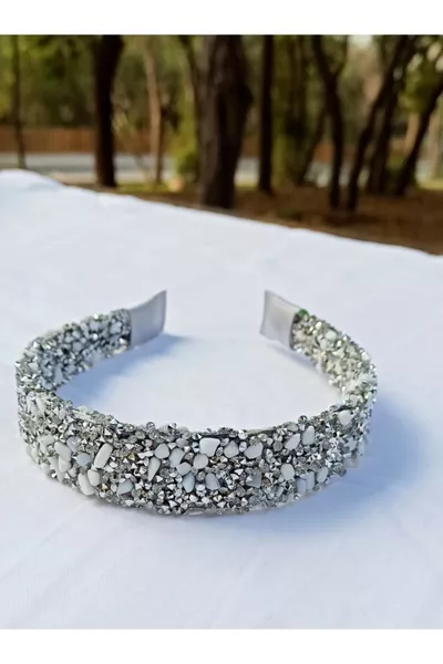 Natural Crystal Stone White Gray Women's Tiara Headband for Bride, Engagement, Postpartum, Henna