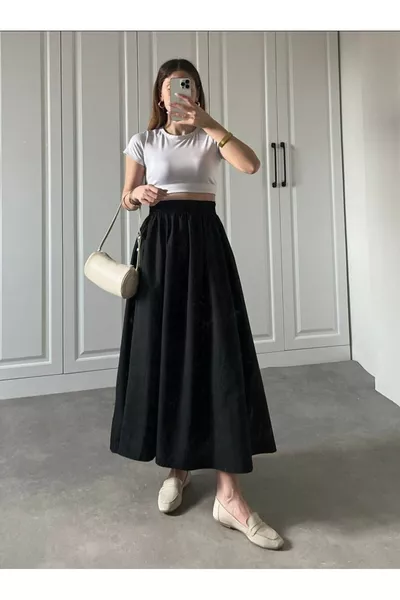 تنورة يومية من قماش البوبلين بشريط مطاطي طويل