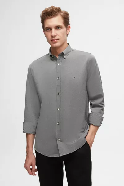 قميص رجالي Ds Damat بقصة نحيفة، لون أنثراسيت، أزرار عند الياقة، سهل الكي، قطن مع تفاصيل تطريز
