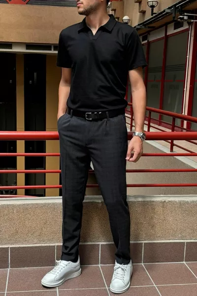 Homme, Plissé avec détails, Noir, Motif à carreaux, Coupe slim, Pantalon en polyviscose