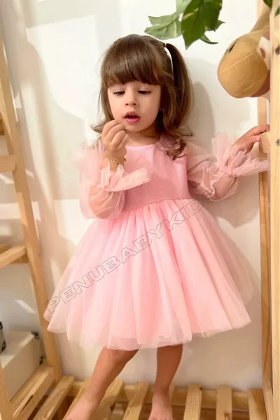 Roze Lange Tule Mouw Details Tutu Meisjes Babyjurk