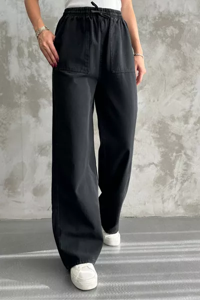 بنطال أسود بجيب وخصر مطاطي واسع الساق