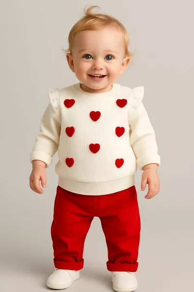 طقم بيبي للبنات/الأطفال مزين بتطريز قلب ولُغة الحب على الكتف مع أزرار ضغط، قطعتان، قطعة علوية وسفلية، مناسب لجميع المواسم، للأعمار  شهر