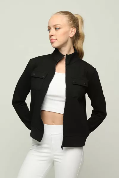 Women's Jacket with Zipper and Pocket Detail, Steel Interlock Fabric