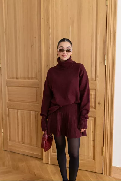 Burgundy Turtleneck Knit Top and Skirt Set