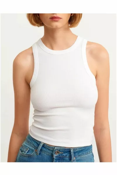 Damen Weißes Rippstrick-Top mit Halterkragen