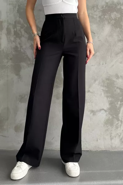 بنطال قماش أسود كلاسيكي عالي الخصر للنساء لموسم جديد