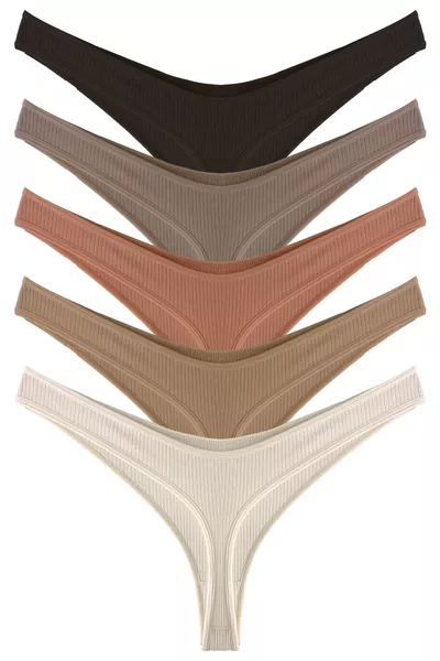 Lot de 5 culottes string côtelées pour femmes en coton et élasthanne - Pack 2