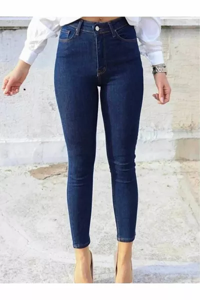 Jeans skinny blu scuro a vita alta con gamba stretta elasticizzati