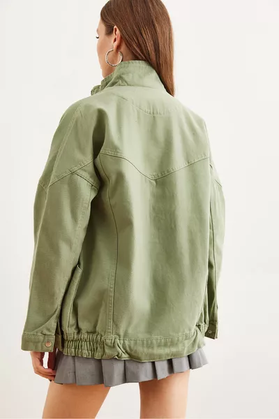 Women's Khaki Long Denim Jacket with Pockets, Zipper and Snap Buttons 