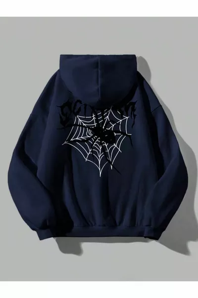 هودي أزرق بتصميم شبكة عنكبوت بطبعة خلفية للجنسين