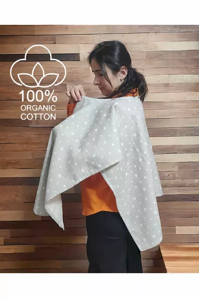 Muslin Gray Stars Poncho  Functional Stroller Cover and Nursing Bib Nursing Cover