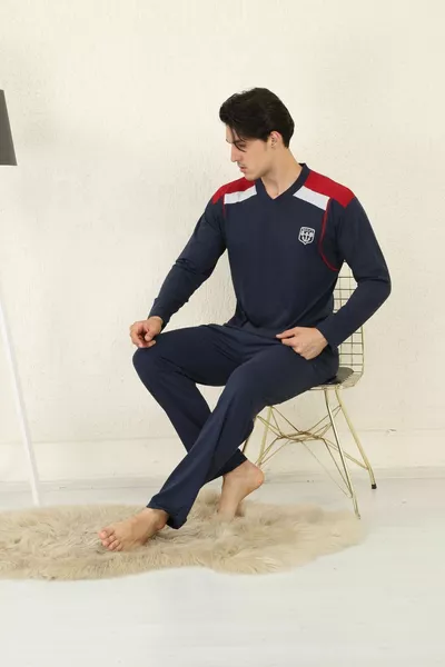 % Cotton Single Jersey V-Neck Men's Pajama Set 