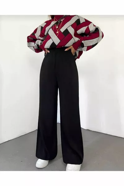 بنطلون نسائي صوف شتوي مريح واسع الأرجل مع خصر مطاطي